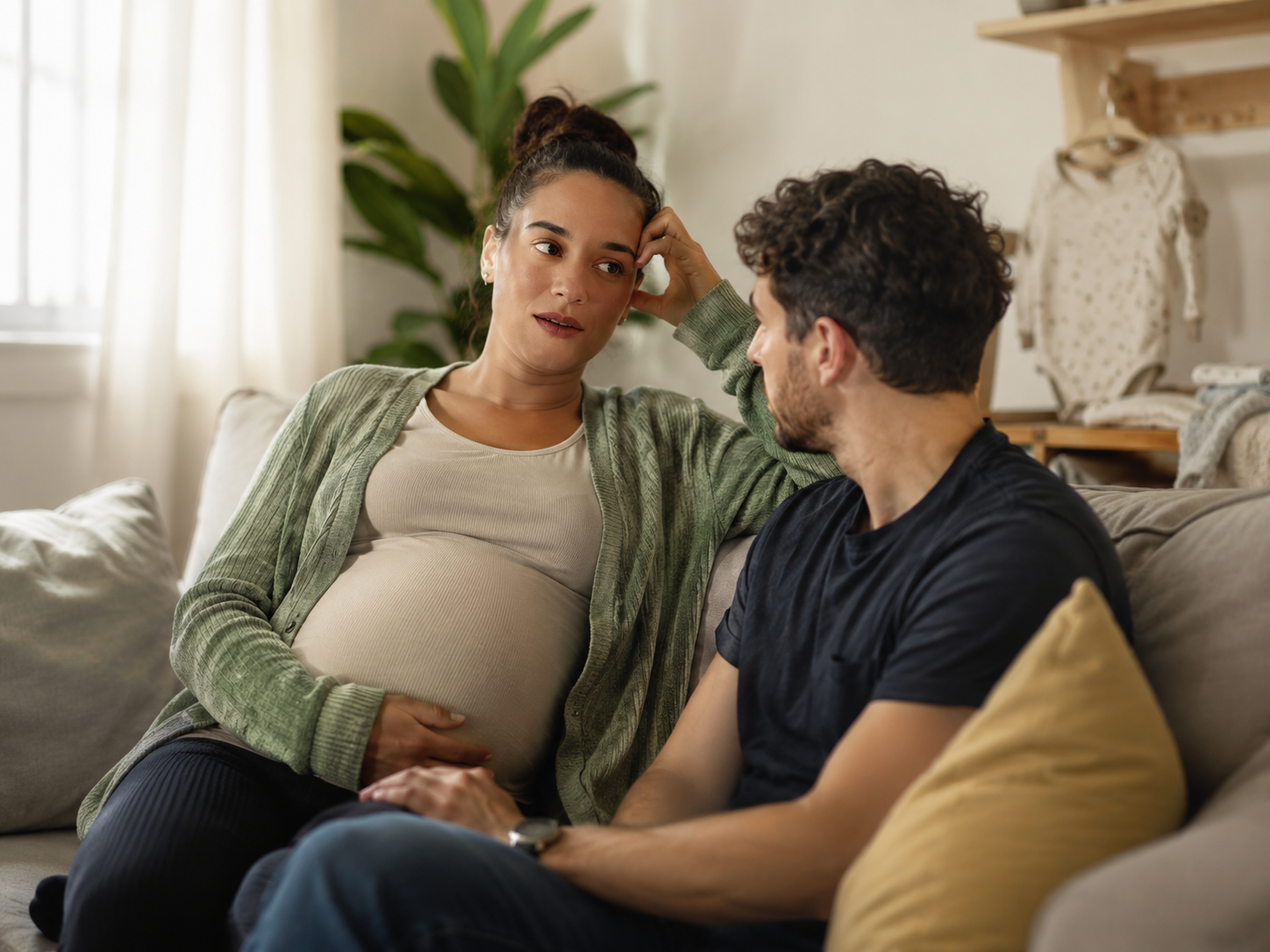 Pregnant woman in a green cardigan having an earnest conversation with her partner on the couch