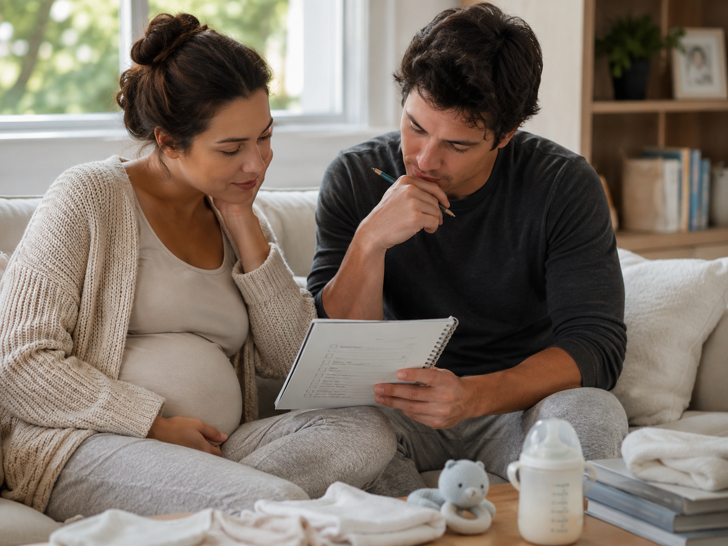 Partner leaning in with a pencil while reviewing a printed checklist with a pregnant partner