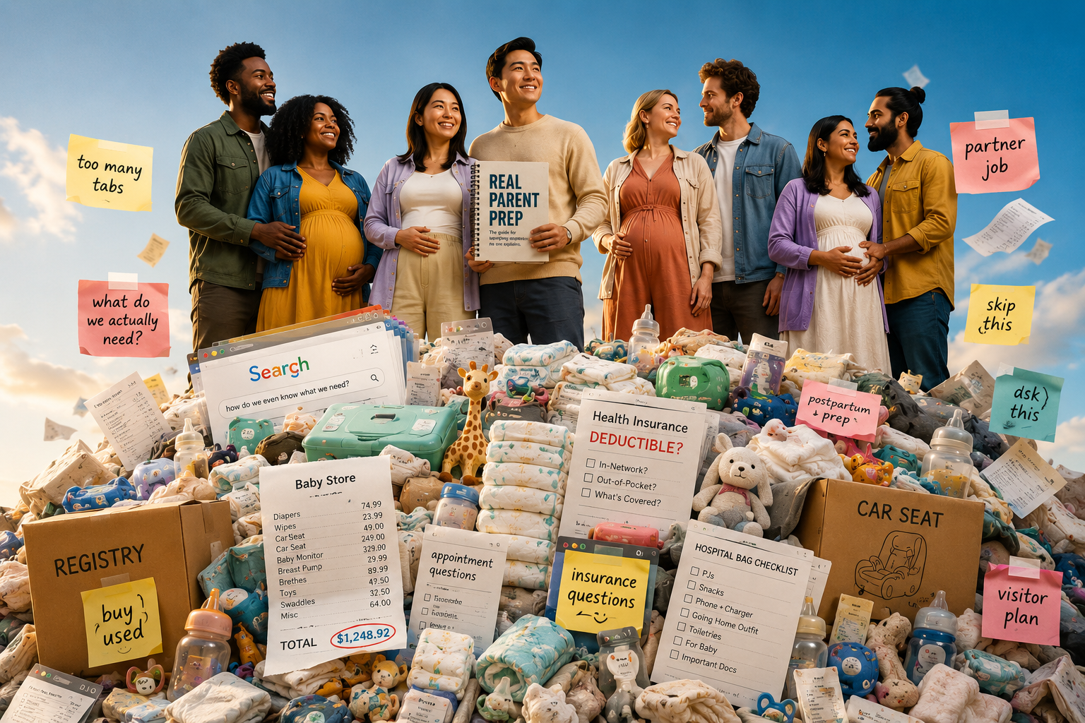 Diverse expecting couples standing on a surreal pile of baby-prep items